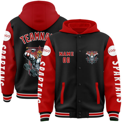 Custom Black Red Spartan Fitness Muscle Bomber Full-Snap Varsity Letterman Two Tone Hoodie Jacket