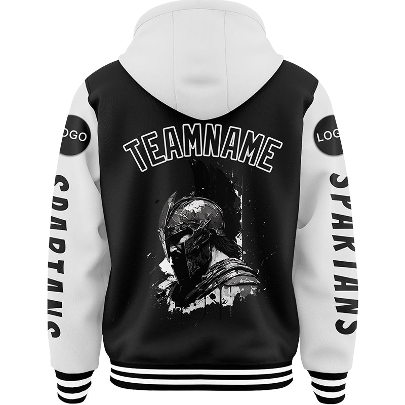 Custom Black White Spartan Helmet Bomber Full-Snap Varsity Letterman Two Tone Hoodie Jacket