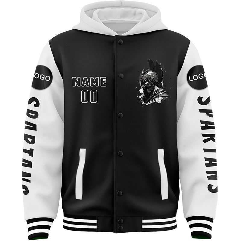 Custom Black White Spartan Helmet Bomber Full-Snap Varsity Letterman Two Tone Hoodie Jacket