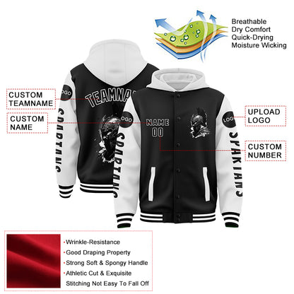 Custom Black White Spartan Helmet Bomber Full-Snap Varsity Letterman Two Tone Hoodie Jacket