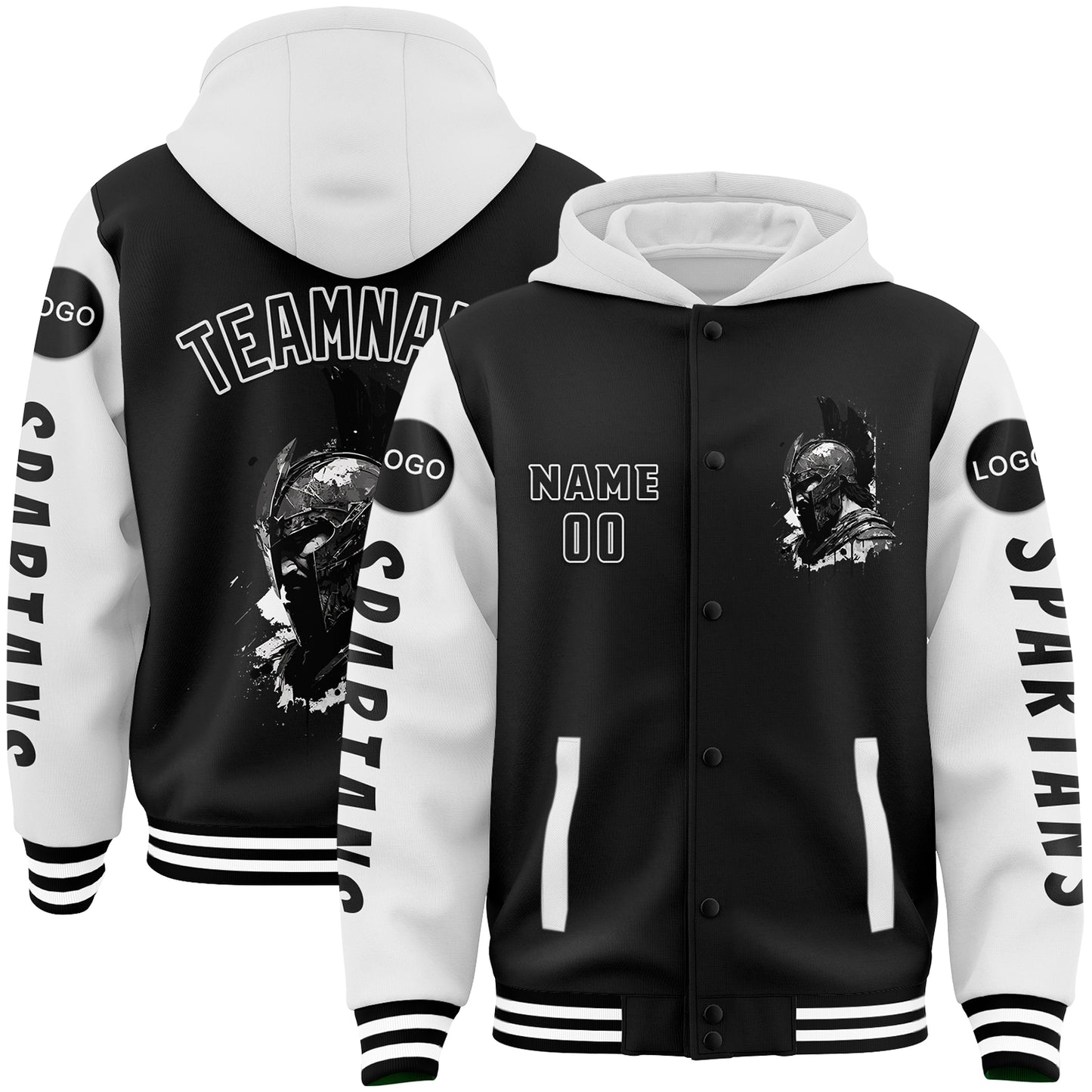 Custom Black White Spartan Helmet Bomber Full-Snap Varsity Letterman Two Tone Hoodie Jacket