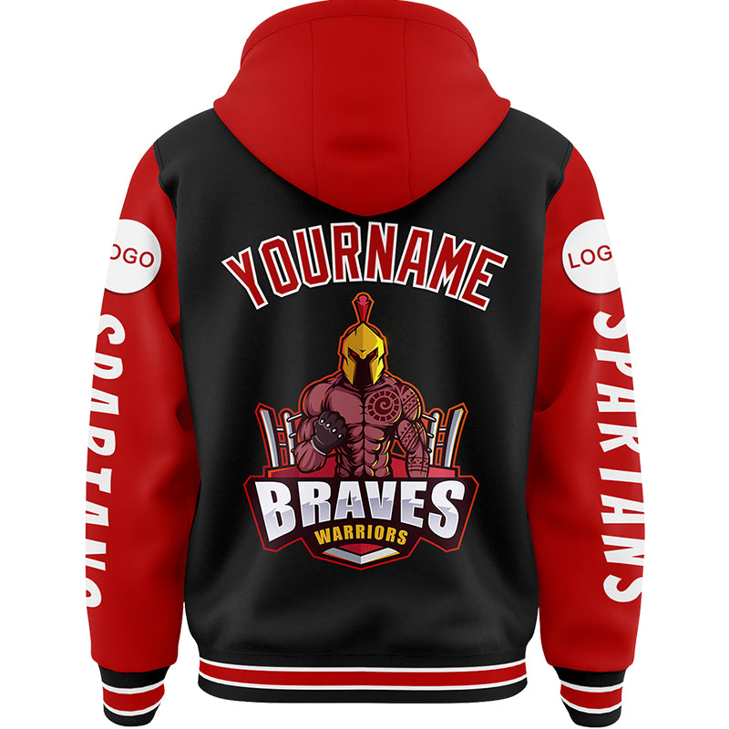 Custom Black Red Spartan Braves Warrior Bomber Full-Snap Varsity Letterman Two Tone Hoodie Jacket