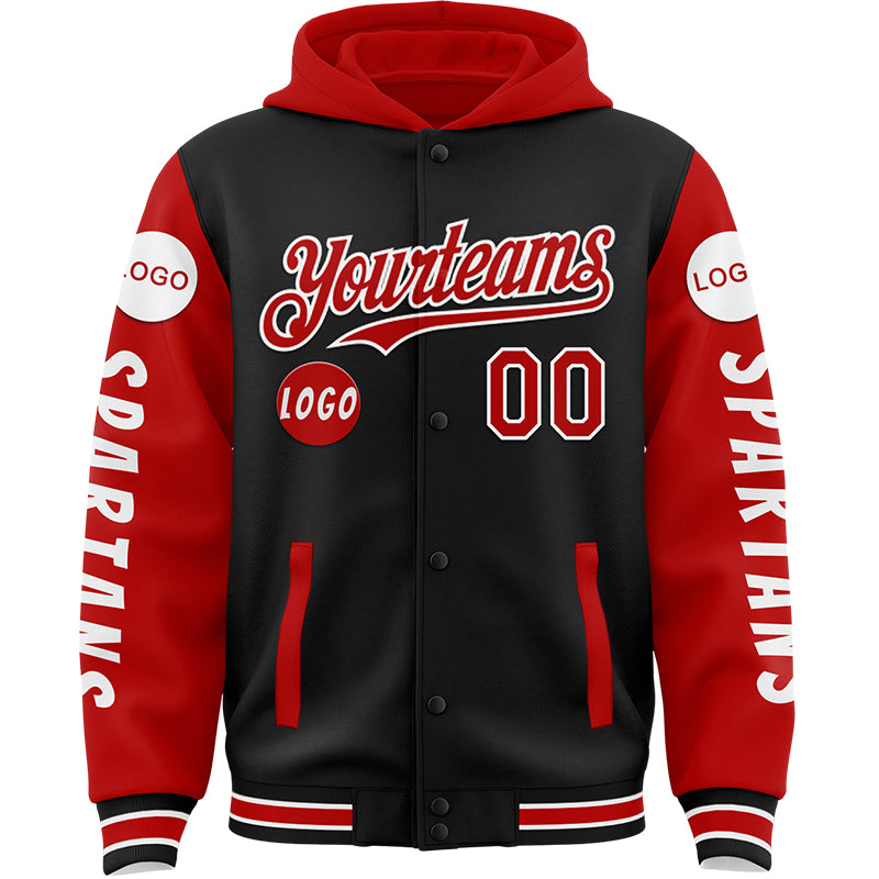 Custom Black Red Spartan Braves Warrior Bomber Full-Snap Varsity Letterman Two Tone Hoodie Jacket