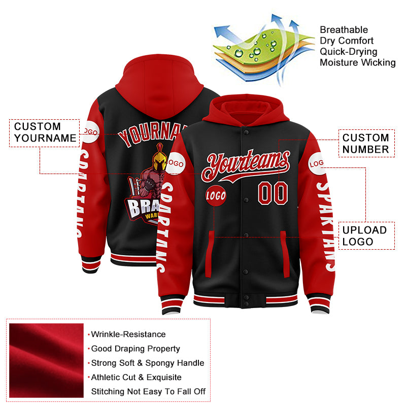 Custom Black Red Spartan Braves Warrior Bomber Full-Snap Varsity Letterman Two Tone Hoodie Jacket