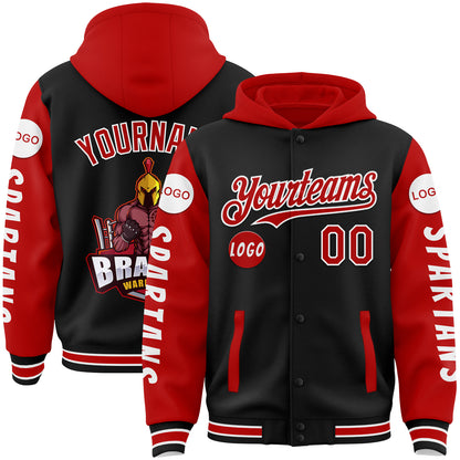 Custom Black Red Spartan Braves Warrior Bomber Full-Snap Varsity Letterman Two Tone Hoodie Jacket