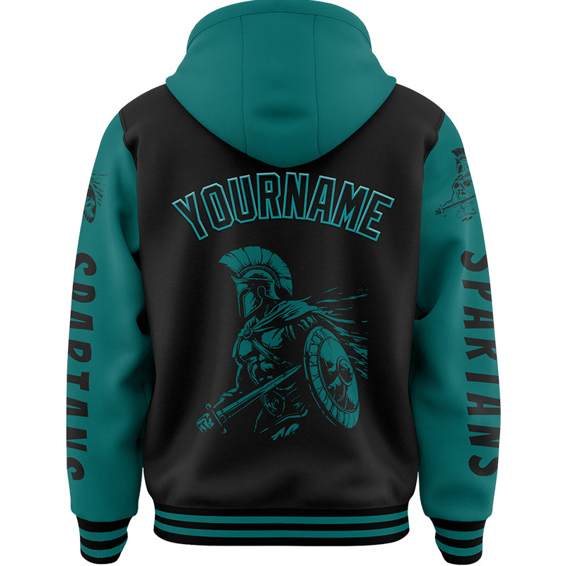 Custom Black Teal Spartan Warrior Bomber Full-Snap Varsity Letterman Two Tone Hoodie Jacket