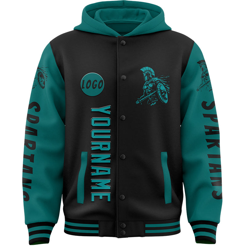 Custom Black Teal Spartan Warrior Bomber Full-Snap Varsity Letterman Two Tone Hoodie Jacket