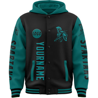 Custom Black Teal Spartan Warrior Bomber Full-Snap Varsity Letterman Two Tone Hoodie Jacket