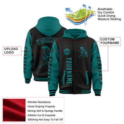 Custom Black Teal Spartan Warrior Bomber Full-Snap Varsity Letterman Two Tone Hoodie Jacket