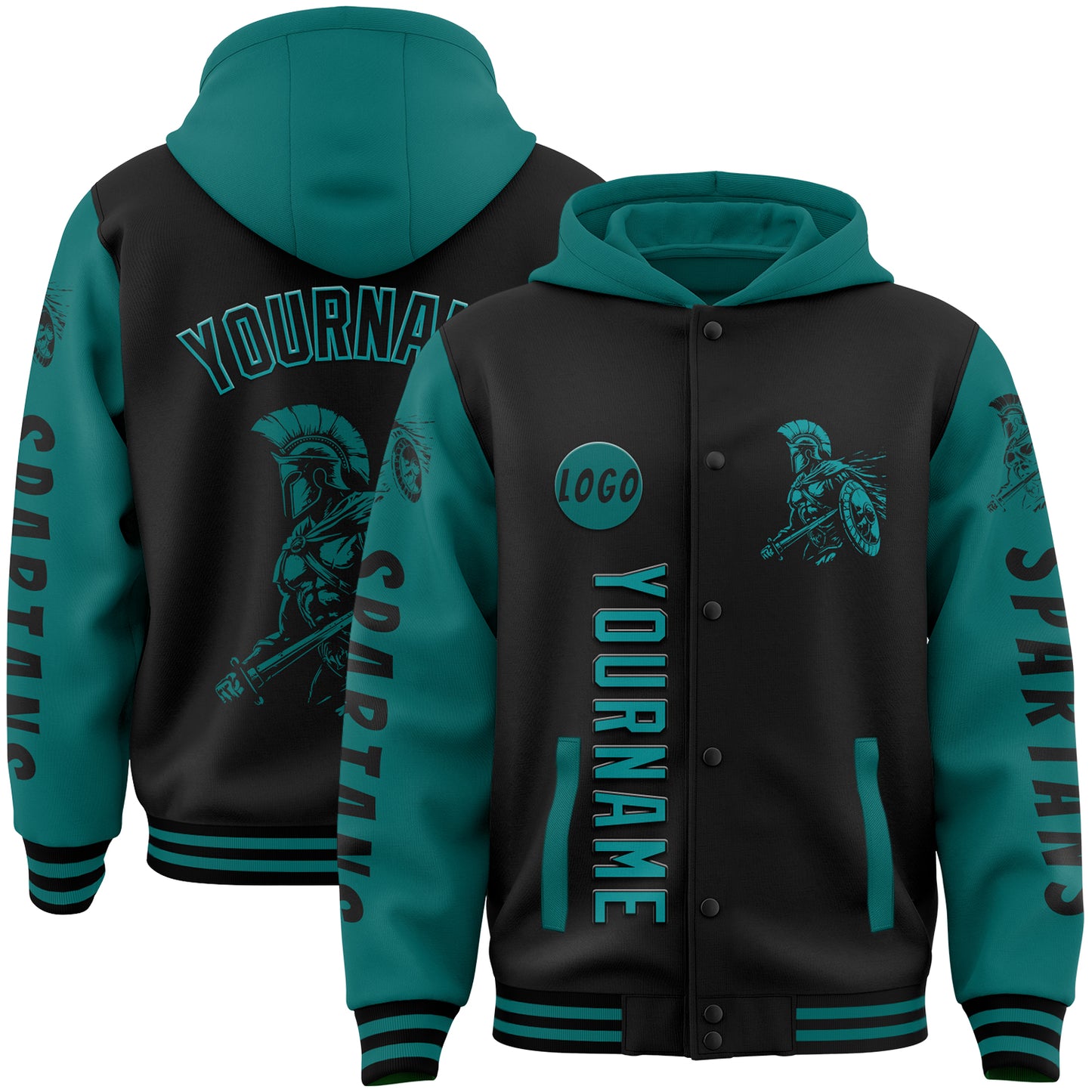 Custom Black Teal Spartan Warrior Bomber Full-Snap Varsity Letterman Two Tone Hoodie Jacket