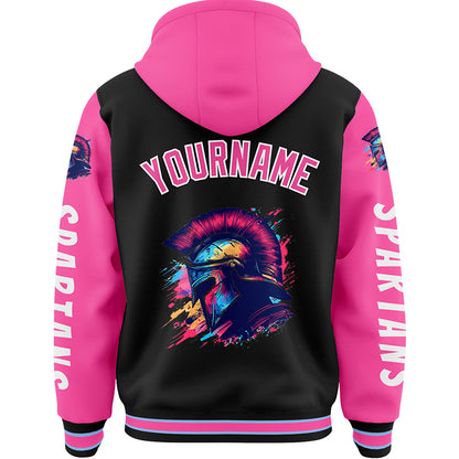 Custom Black Pink Spartan Tie-Dye Armor Bomber Full-Snap Varsity Letterman Two Tone Hoodie Jacket