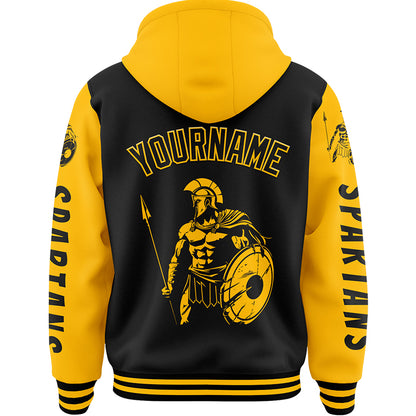 Custom Black Gold Spartan Warrior Bomber Full-Snap Varsity Letterman Two Tone Hoodie Jacket