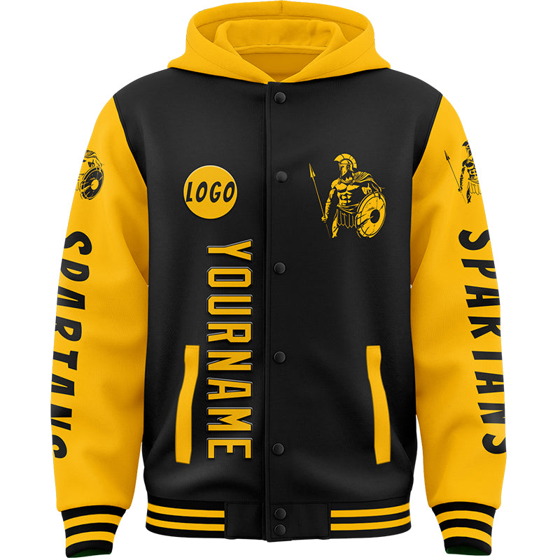 Custom Black Gold Spartan Warrior Bomber Full-Snap Varsity Letterman Two Tone Hoodie Jacket