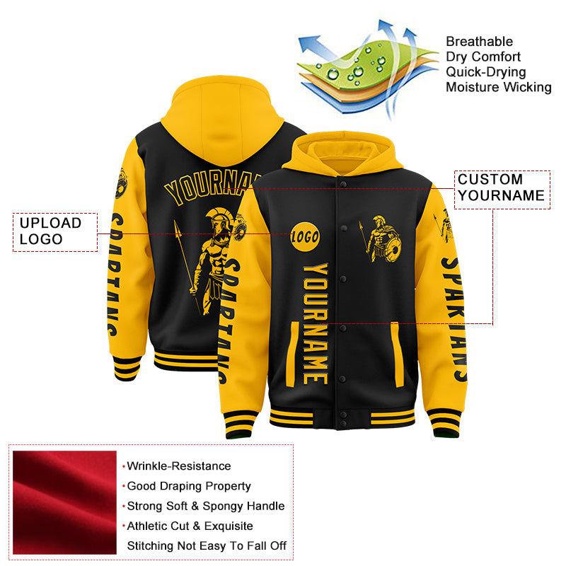 Custom Black Gold Spartan Warrior Bomber Full-Snap Varsity Letterman Two Tone Hoodie Jacket