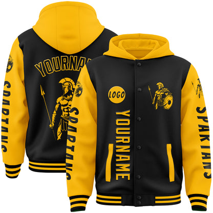 Custom Black Gold Spartan Warrior Bomber Full-Snap Varsity Letterman Two Tone Hoodie Jacket