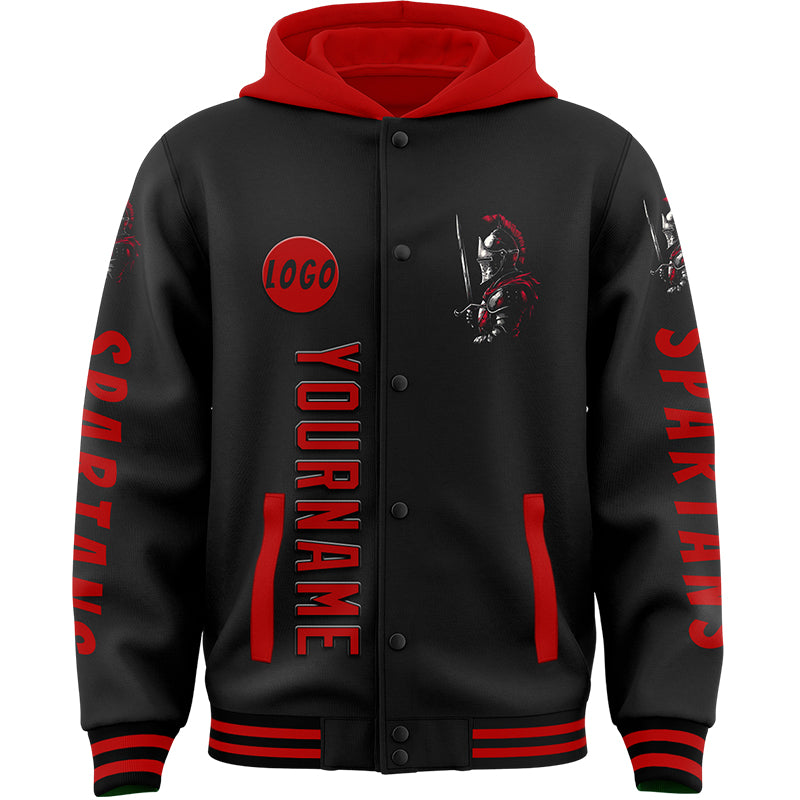 Custom Black Red Spartan Warrior Bomber Full-Snap Varsity Letterman Two Tone Hoodie Jacket