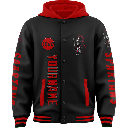 Custom Black Red Spartan Warrior Bomber Full-Snap Varsity Letterman Two Tone Hoodie Jacket