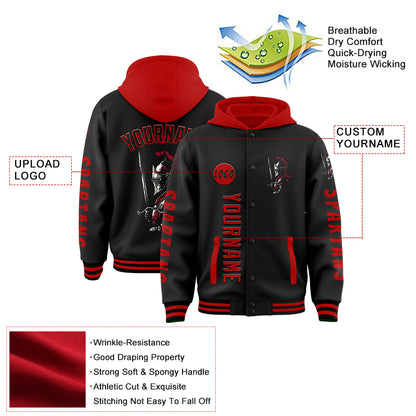 Custom Black Red Spartan Warrior Bomber Full-Snap Varsity Letterman Two Tone Hoodie Jacket