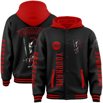 Custom Black Red Spartan Warrior Bomber Full-Snap Varsity Letterman Two Tone Hoodie Jacket