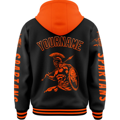 Custom Black Orange Spartan Warrior Bomber Full-Snap Varsity Letterman Two Tone Hoodie Jacket