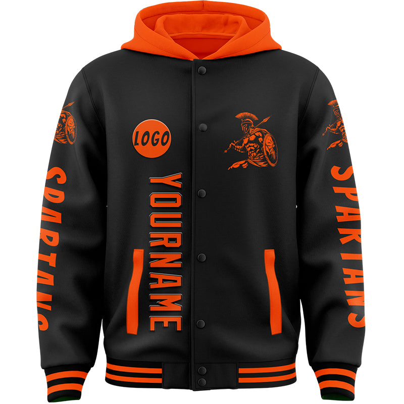 Custom Black Orange Spartan Warrior Bomber Full-Snap Varsity Letterman Two Tone Hoodie Jacket