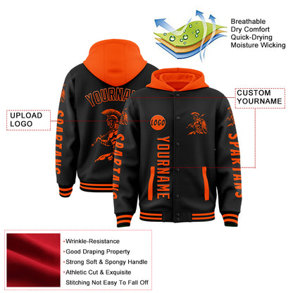 Custom Black Orange Spartan Warrior Bomber Full-Snap Varsity Letterman Two Tone Hoodie Jacket