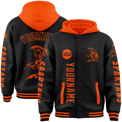 Custom Black Orange Spartan Warrior Bomber Full-Snap Varsity Letterman Two Tone Hoodie Jacket