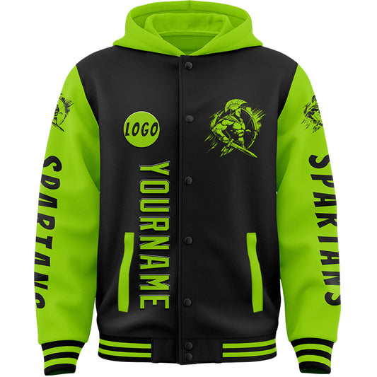 Custom Black Neon Green Spartan Warrior Bomber Full-Snap Varsity Letterman Two Tone Hoodie Jacket