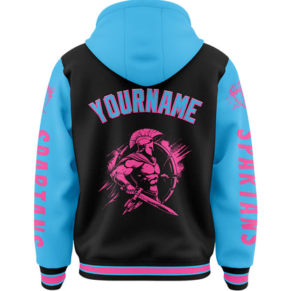 Custom Black Sky Blue Spartan Warrior Bomber Full-Snap Varsity Letterman Two Tone Hoodie Jacket