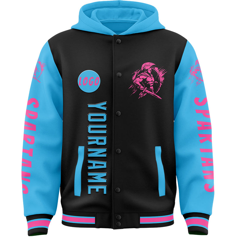 Custom Black Sky Blue Spartan Warrior Bomber Full-Snap Varsity Letterman Two Tone Hoodie Jacket