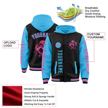 Custom Black Sky Blue Spartan Warrior Bomber Full-Snap Varsity Letterman Two Tone Hoodie Jacket