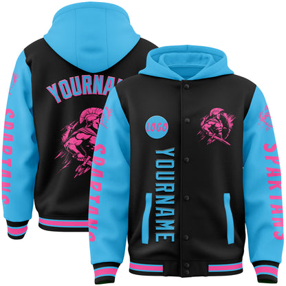 Custom Black Sky Blue Spartan Warrior Bomber Full-Snap Varsity Letterman Two Tone Hoodie Jacket