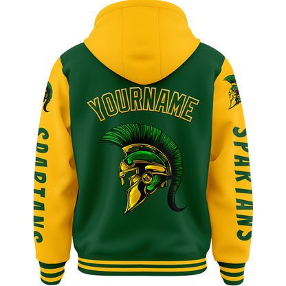 Custom Green Gold Spartan Helmet Bomber Full-Snap Varsity Letterman Two Tone Hoodie Jacket