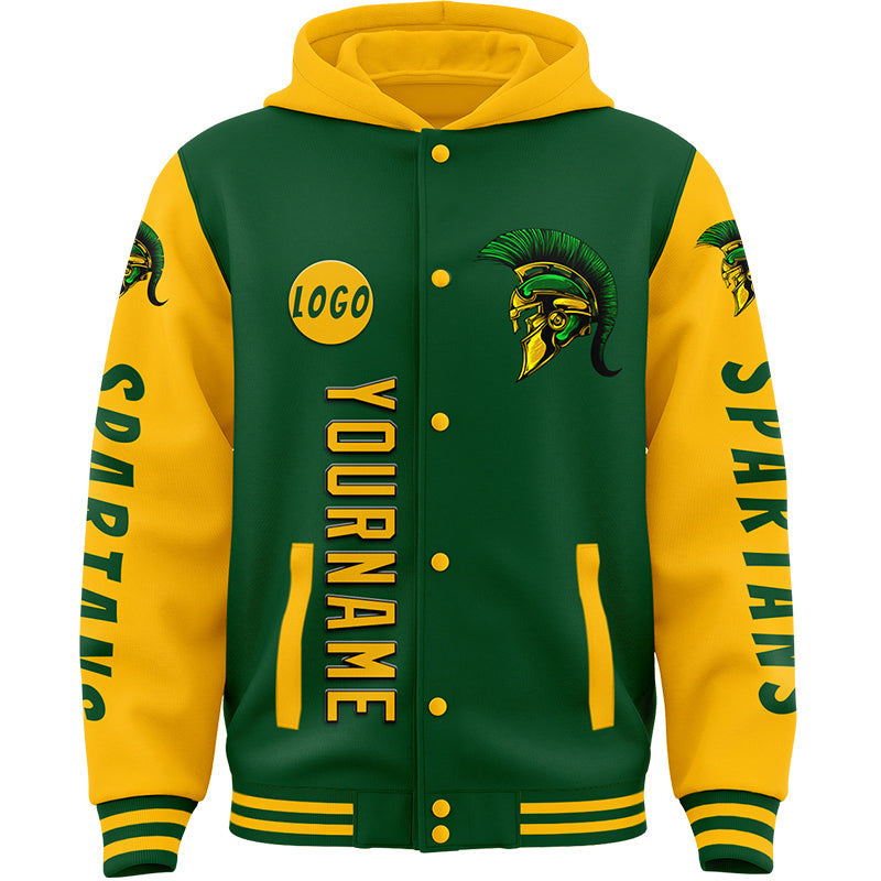 Custom Green Gold Spartan Helmet Bomber Full-Snap Varsity Letterman Two Tone Hoodie Jacket