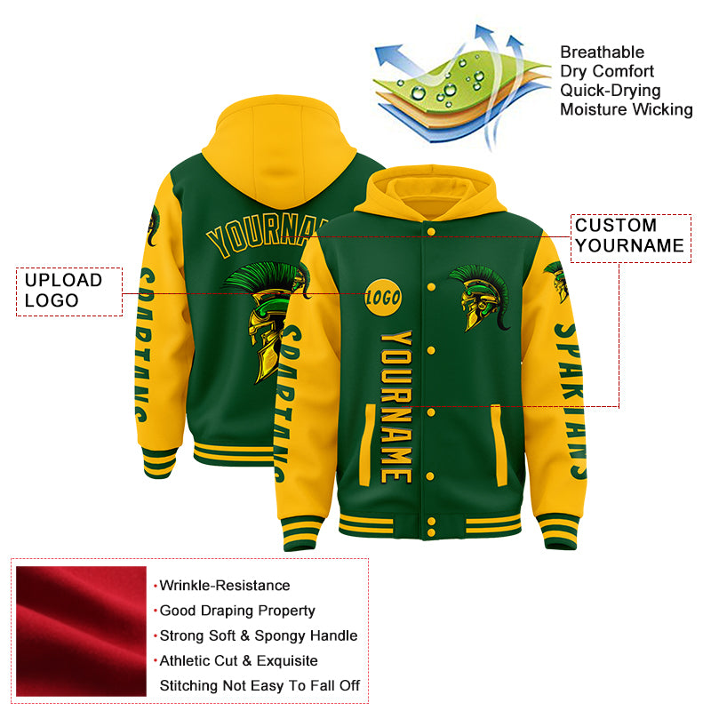 Custom Green Gold Spartan Helmet Bomber Full-Snap Varsity Letterman Two Tone Hoodie Jacket