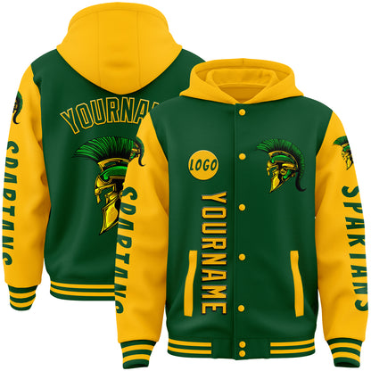 Custom Green Gold Spartan Helmet Bomber Full-Snap Varsity Letterman Two Tone Hoodie Jacket