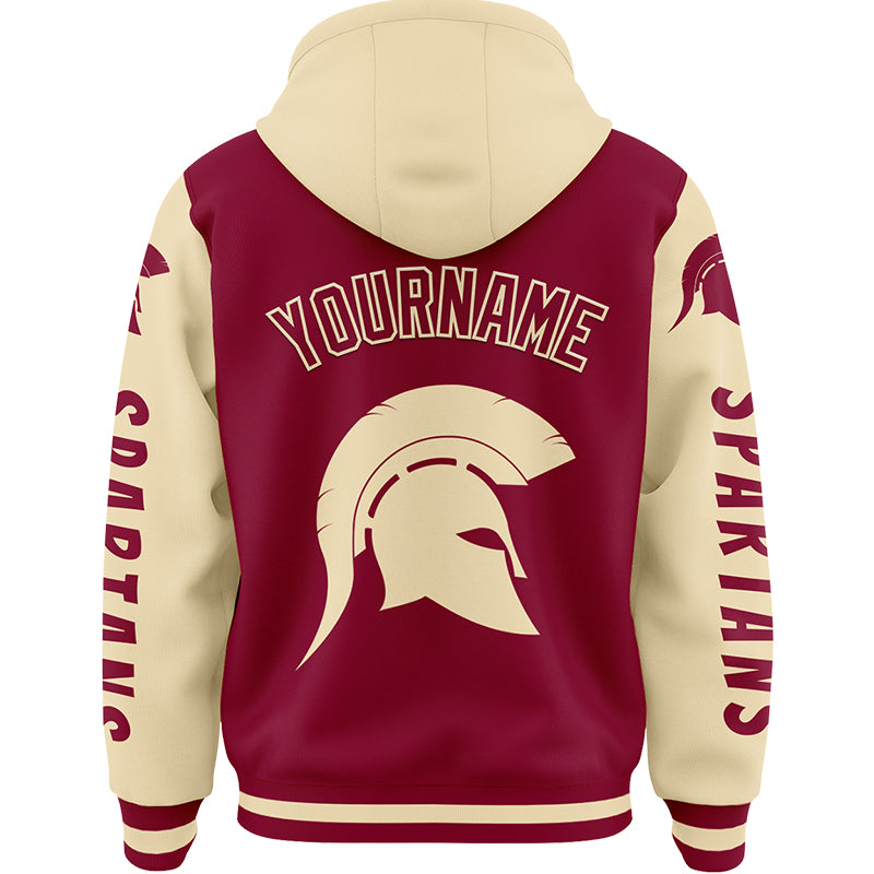 Custom Maroon City Cream Spartan Helmet Bomber Full-Snap Varsity Letterman Two Tone Hoodie Jacket