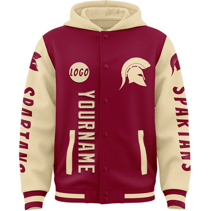 Custom Maroon City Cream Spartan Helmet Bomber Full-Snap Varsity Letterman Two Tone Hoodie Jacket