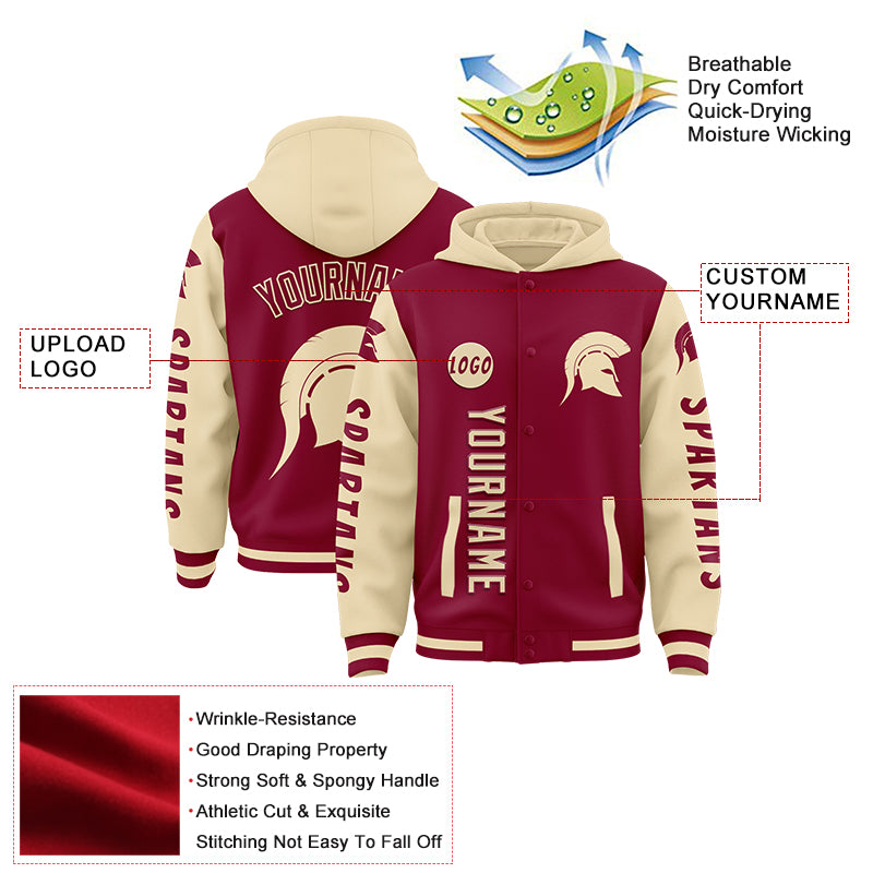 Custom Maroon City Cream Spartan Helmet Bomber Full-Snap Varsity Letterman Two Tone Hoodie Jacket