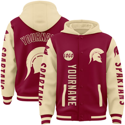 Custom Maroon City Cream Spartan Helmet Bomber Full-Snap Varsity Letterman Two Tone Hoodie Jacket