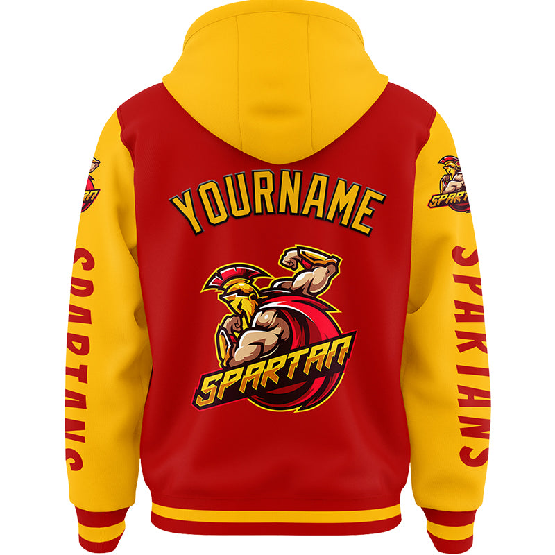 Custom Red Gold Spartan Braves Warriors Bomber Full-Snap Varsity Letterman Two Tone Hoodie Jacket