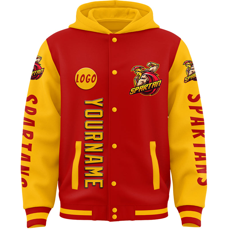 Custom Red Gold Spartan Braves Warriors Bomber Full-Snap Varsity Letterman Two Tone Hoodie Jacket