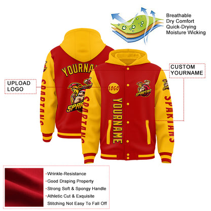 Custom Red Gold Spartan Braves Warriors Bomber Full-Snap Varsity Letterman Two Tone Hoodie Jacket