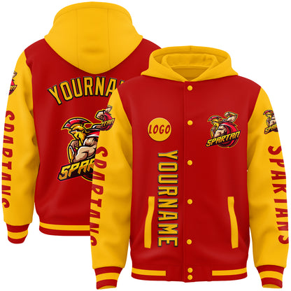 Custom Red Gold Spartan Braves Warriors Bomber Full-Snap Varsity Letterman Two Tone Hoodie Jacket