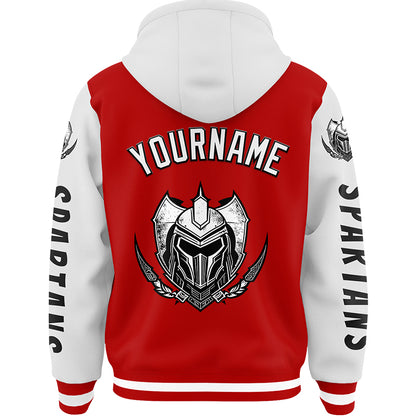 Custom Red White Spartan Armor Bomber Full-Snap Varsity Letterman Two Tone Hoodie Jacket