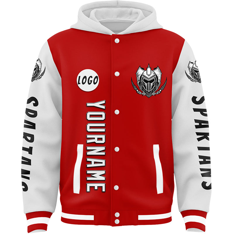 Custom Red White Spartan Armor Bomber Full-Snap Varsity Letterman Two Tone Hoodie Jacket