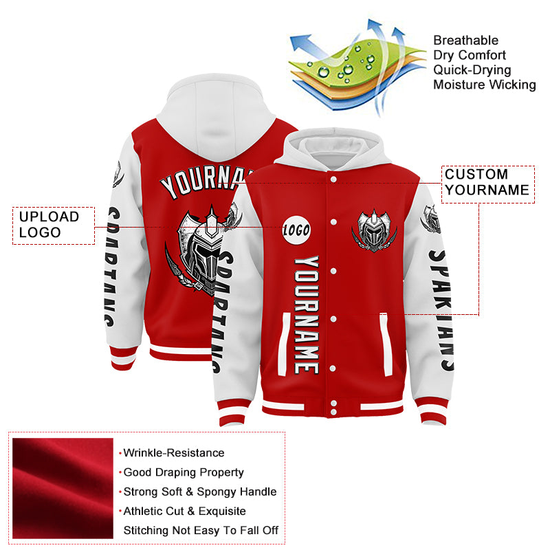 Custom Red White Spartan Armor Bomber Full-Snap Varsity Letterman Two Tone Hoodie Jacket