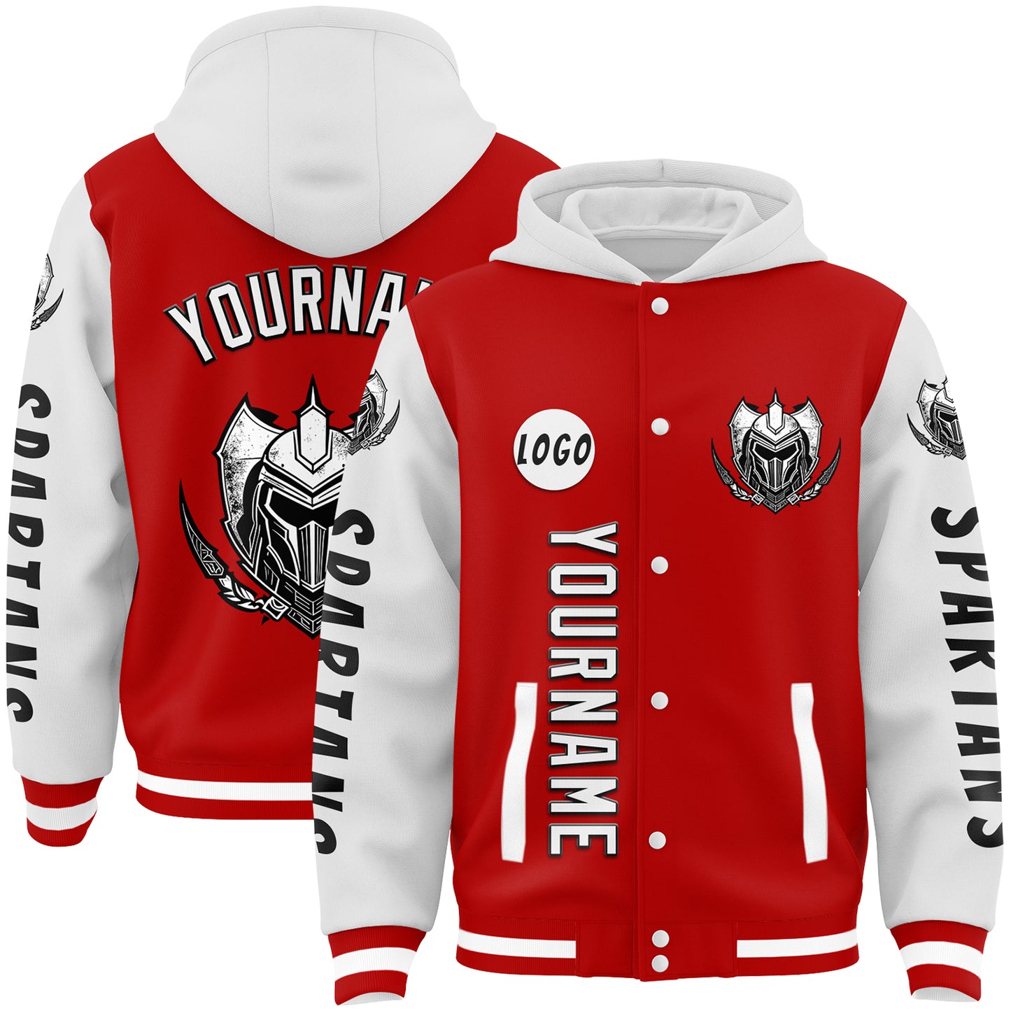 Custom Red White Spartan Armor Bomber Full-Snap Varsity Letterman Two Tone Hoodie Jacket