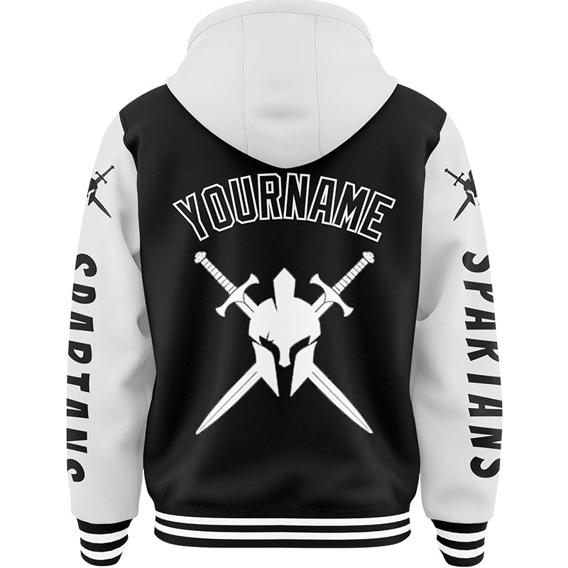 Custom Black White Spartan Armor Sword Bomber Full-Snap Varsity Letterman Two Tone Hoodie Jacket