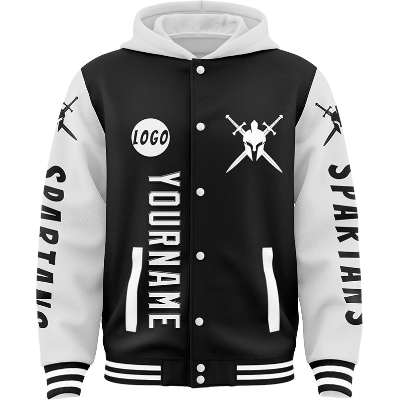 Custom Black White Spartan Armor Sword Bomber Full-Snap Varsity Letterman Two Tone Hoodie Jacket